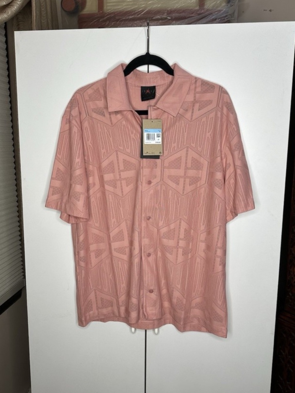 Jordan Flight Short Sleeve Button Up Knit Top Rust Pink HF9363-685 Mens Medium
